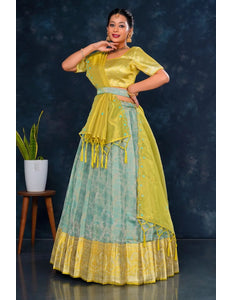 Sea Green Pure Tissue Silk Half Saree with Zari Weaving - Gajiwala