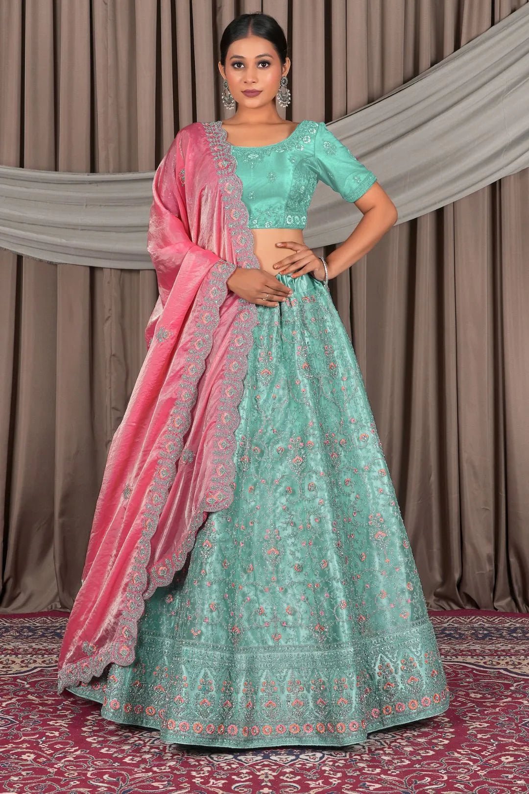 Sea Green Wedding Wear Embroidered Net Lehenga Choli For Women - Gajiwala