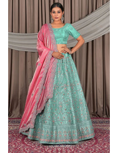 Sea Green Wedding Wear Embroidered Net Lehenga Choli For Women - Gajiwala