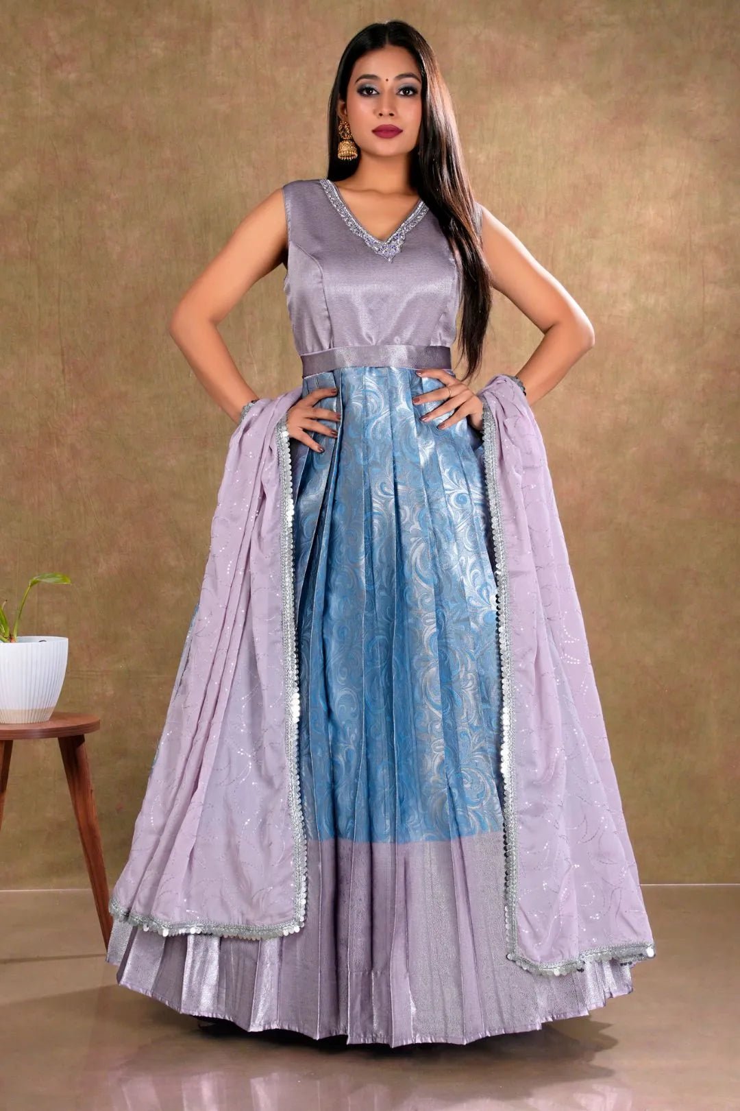Sky Blue Banarasi Long Dress with Zari work for Women - Gajiwala