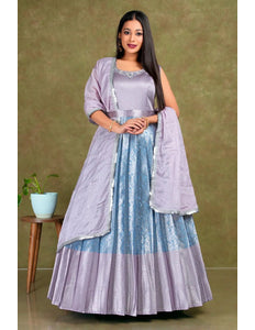 Sky Blue Banarasi Long Frock With Dupatta For Women - Gajiwala