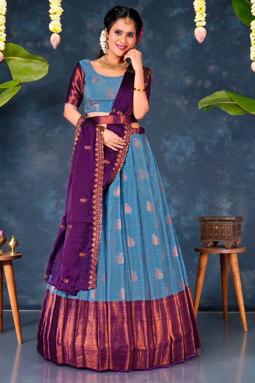 Sky Blue Banarasi Silk Lehenga Choli With Zari woven - Gajiwala