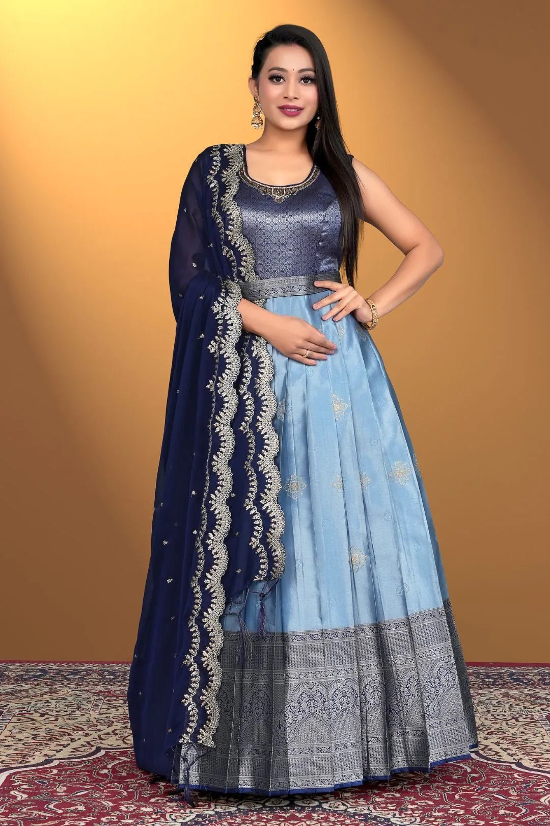 Sky Blue Banarasi Silk Zari Woven Gown With Dupatta For Women - Gajiwala