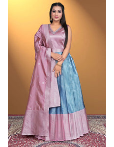 Sky Blue Designer Banarasi Gown With Dupatta - Gajiwala