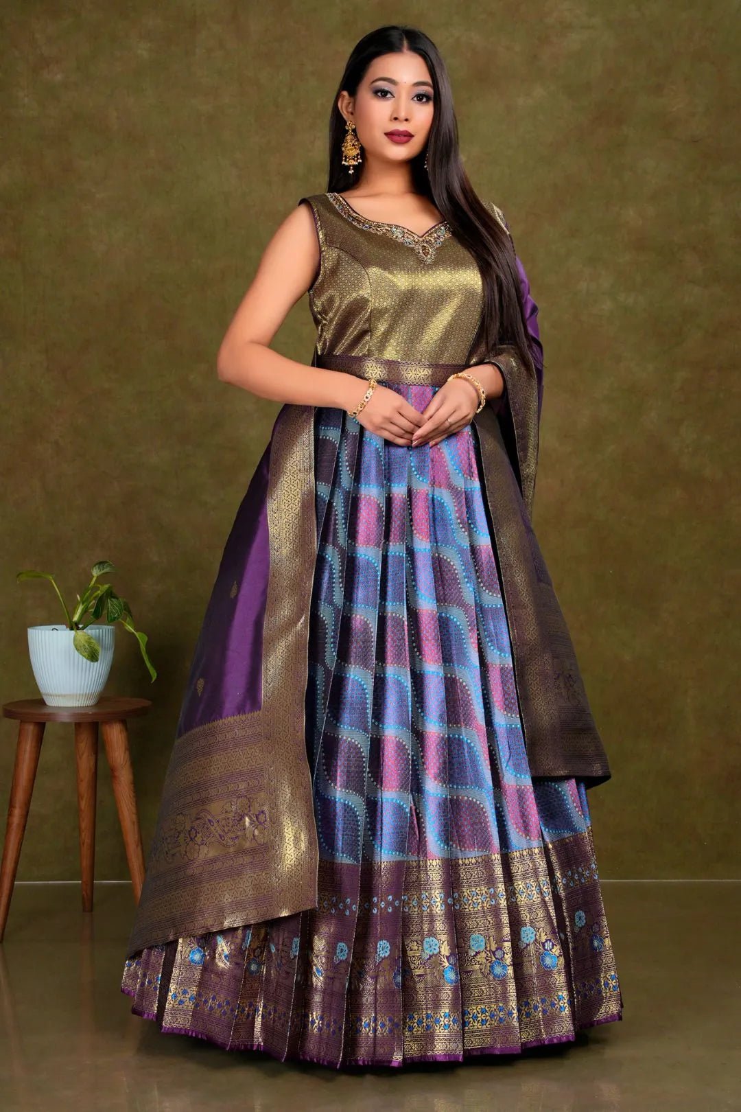 Sky Blue Long Banarasi Silk Gown With Dupatta - Gajiwala