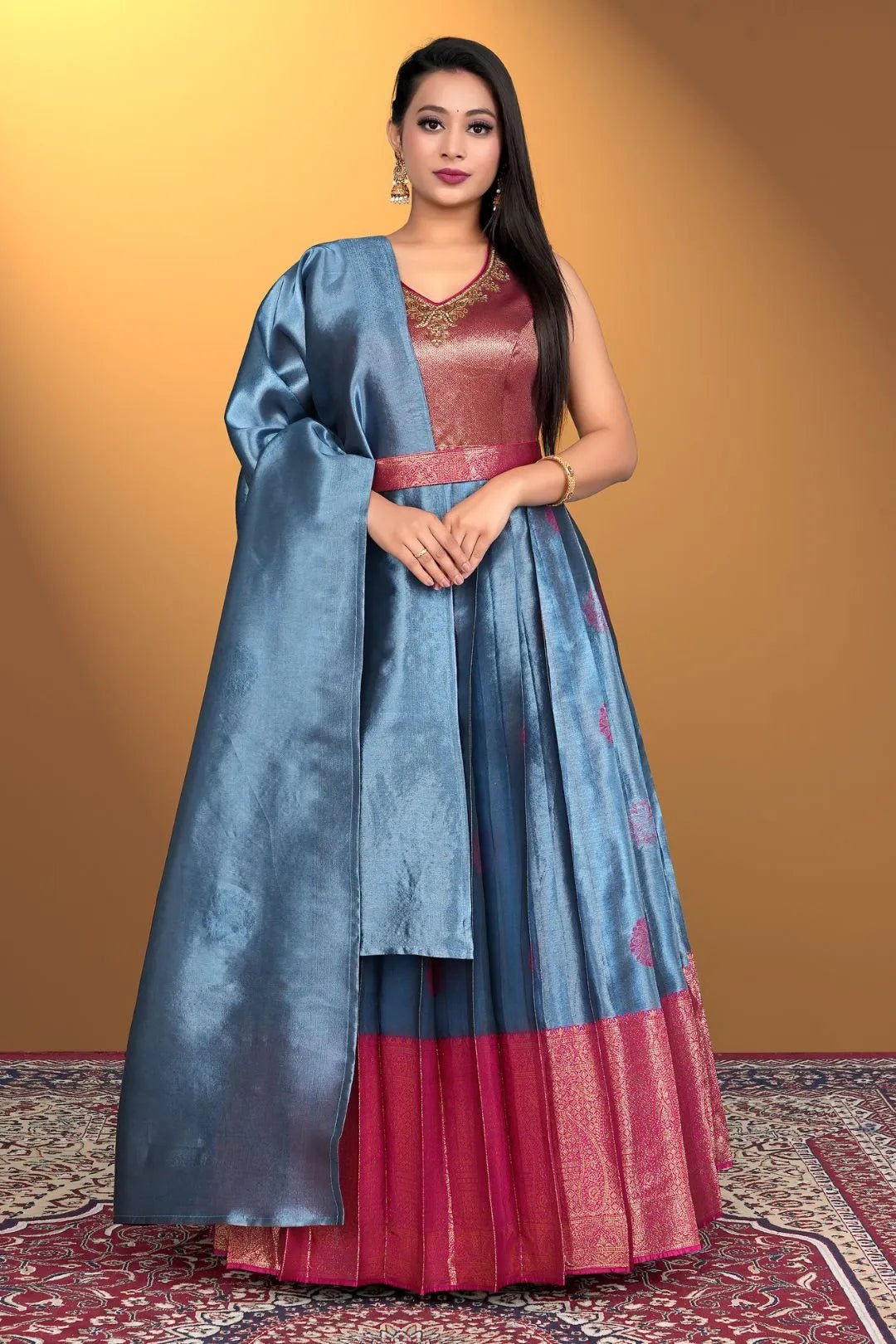 Sky Blue Pure Zari Silk Pattu Gown With Dupatta - Gajiwala