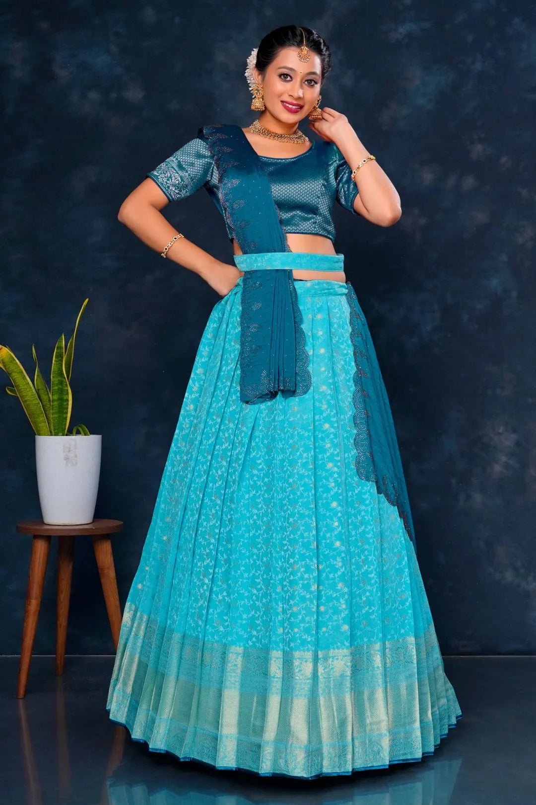 Sky Blue Viscose Silk Lehenga Choli With Zari Work - Gajiwala