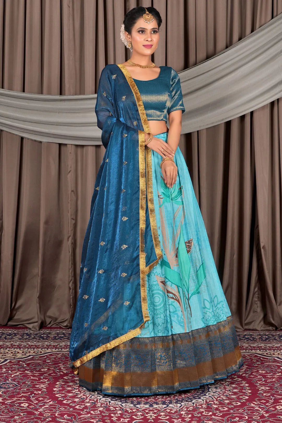 Sky Blue Viscose with Digital Print Lehenga Choli For Women - Gajiwala