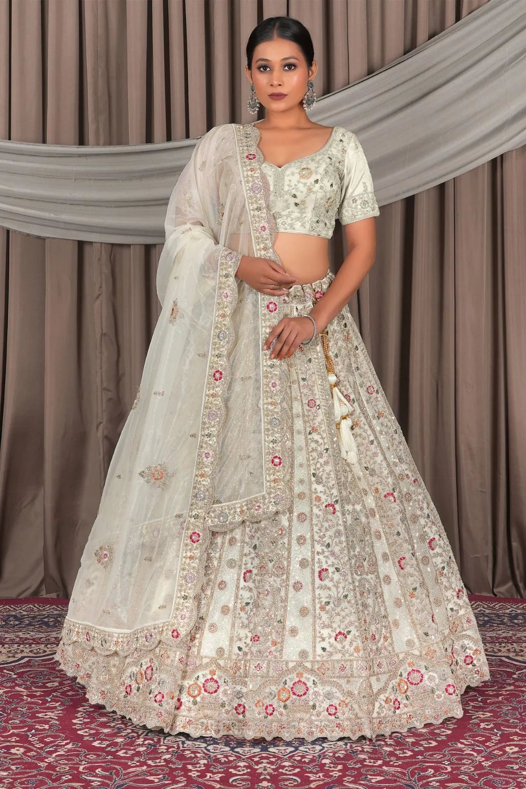 White Party Wear Embroidered Twill Net Lehenga Choli For Women - Gajiwala