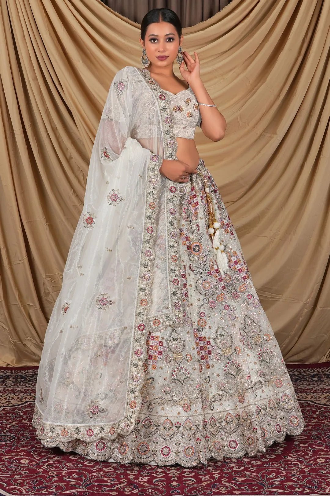 White Party Wear Embroidered Twill Net Lehenga Choli For Women - Gajiwala
