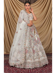 White Party Wear Embroidered Twill Net Lehenga Choli For Women - Gajiwala