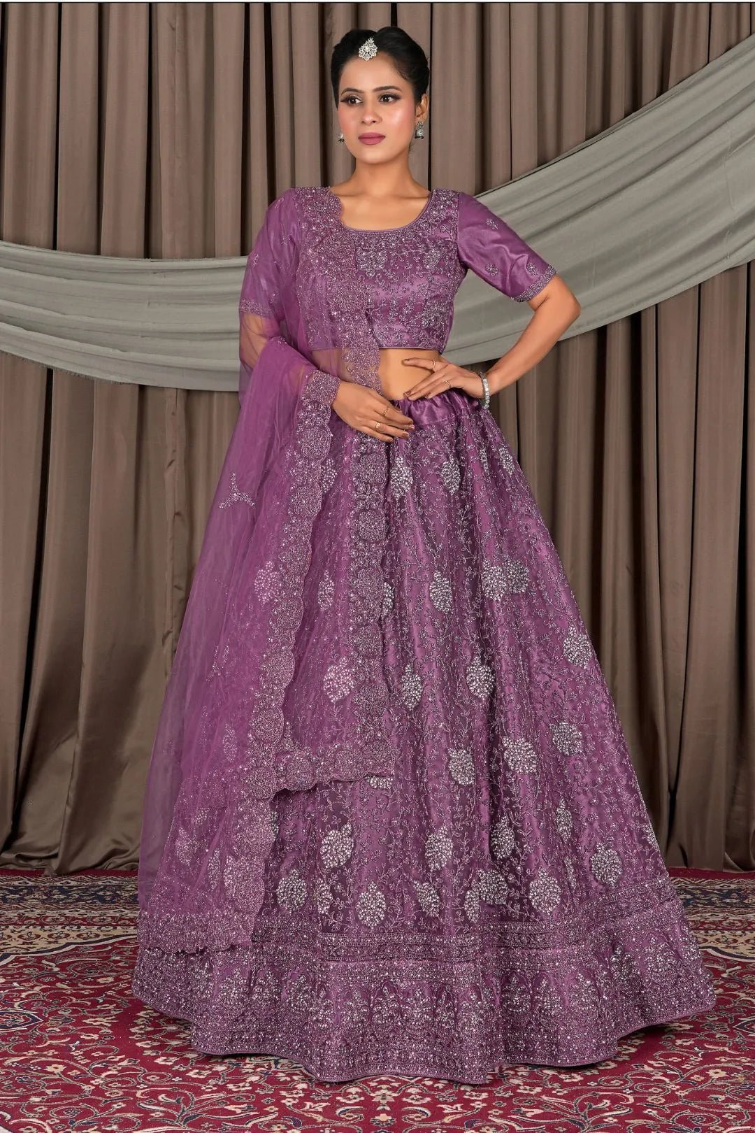 Wine Embroidered Bridesmaid Lehenga Choli In Net - Gajiwala