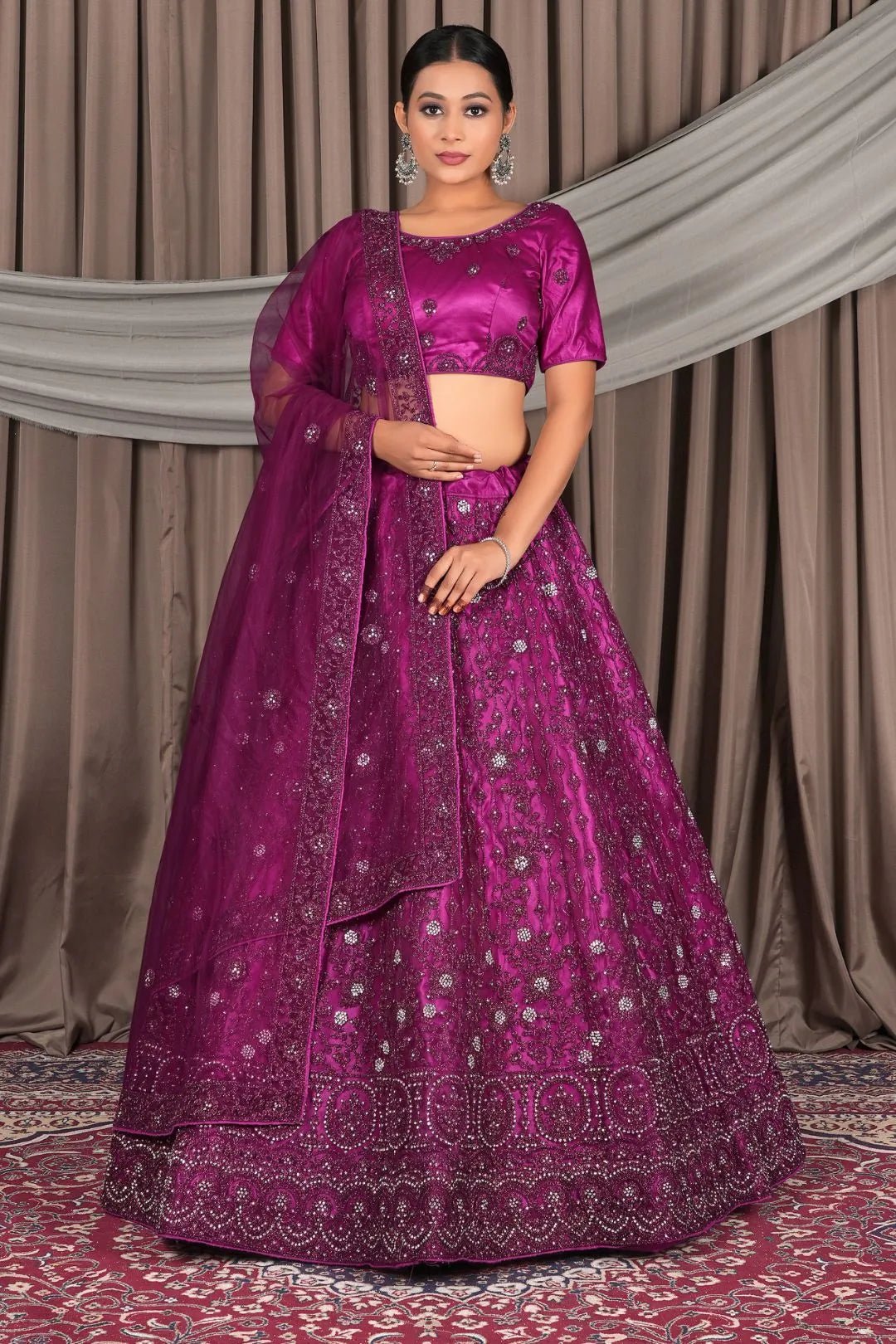 Wine Embroidery Work Net Lehenga Choli - Gajiwala