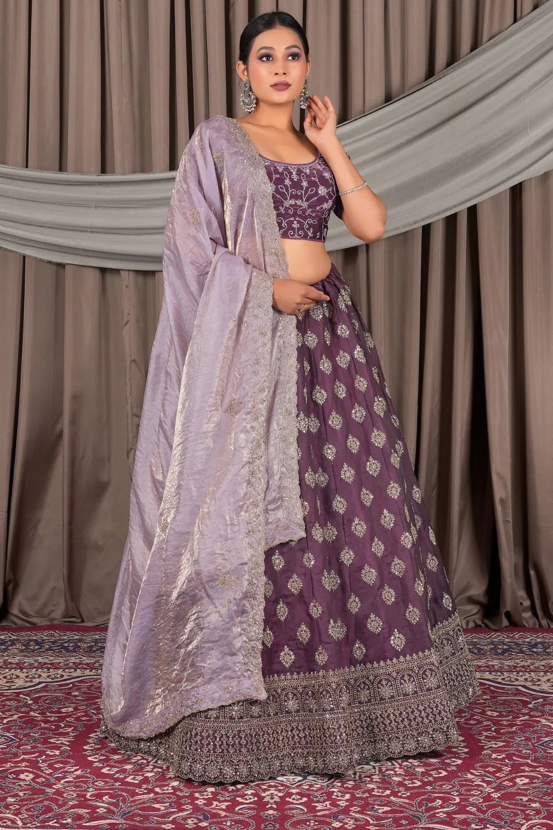 Wine Fendy Silk Semi - Stitched Lehenga For Women - Gajiwala