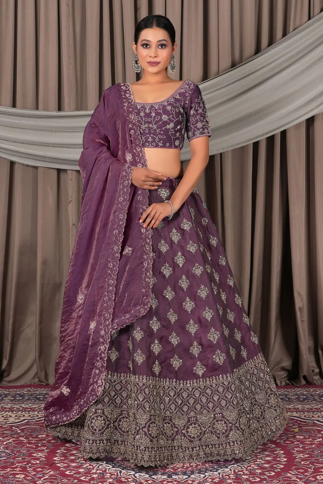 Wine Fendy Silk Semi - Stitched Lehenga For Women - Gajiwala