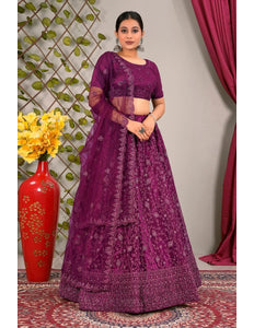 Wine Latest Net Lehenga Choli Set Wedding - Gajiwala