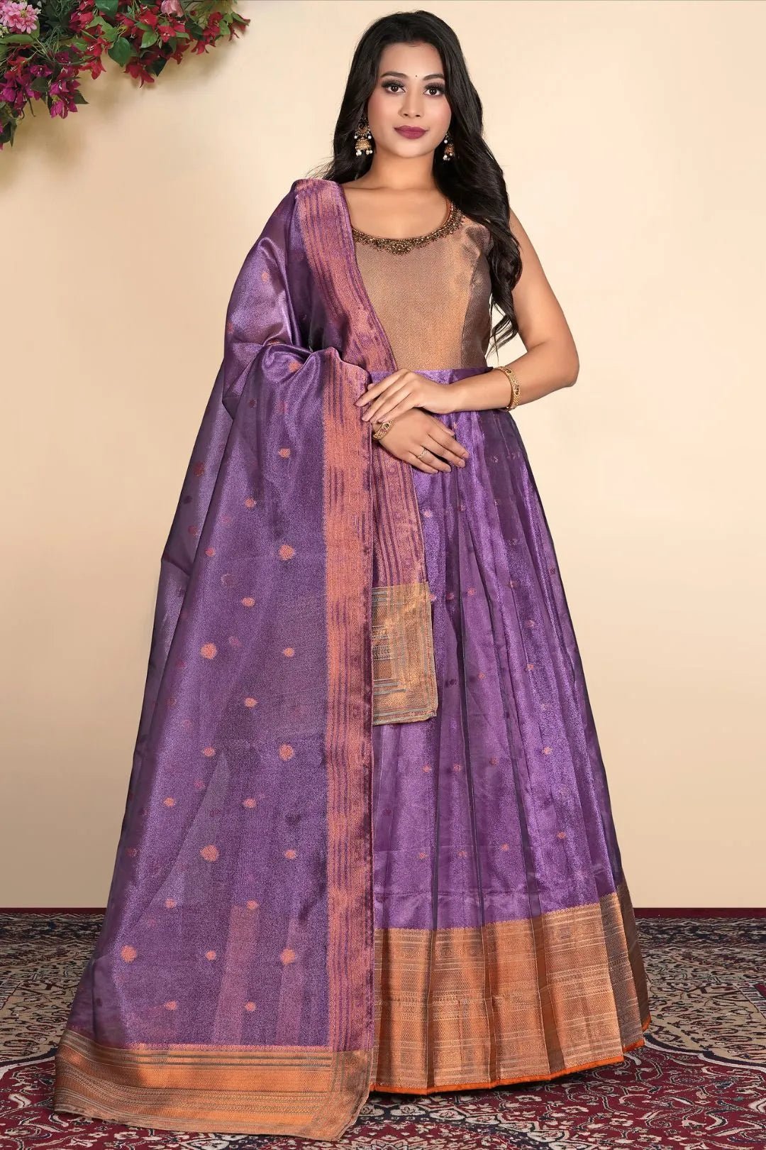Wine Latest Tissue Silk Gown with Zari Work - Gajiwala