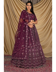 Wine Party Wear Embroidered Net Lehenga Choli For Women - Gajiwala