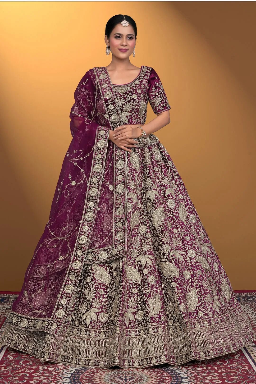 Wine Velvet Lehenga Choli With Net Dupatta For Women - Gajiwala