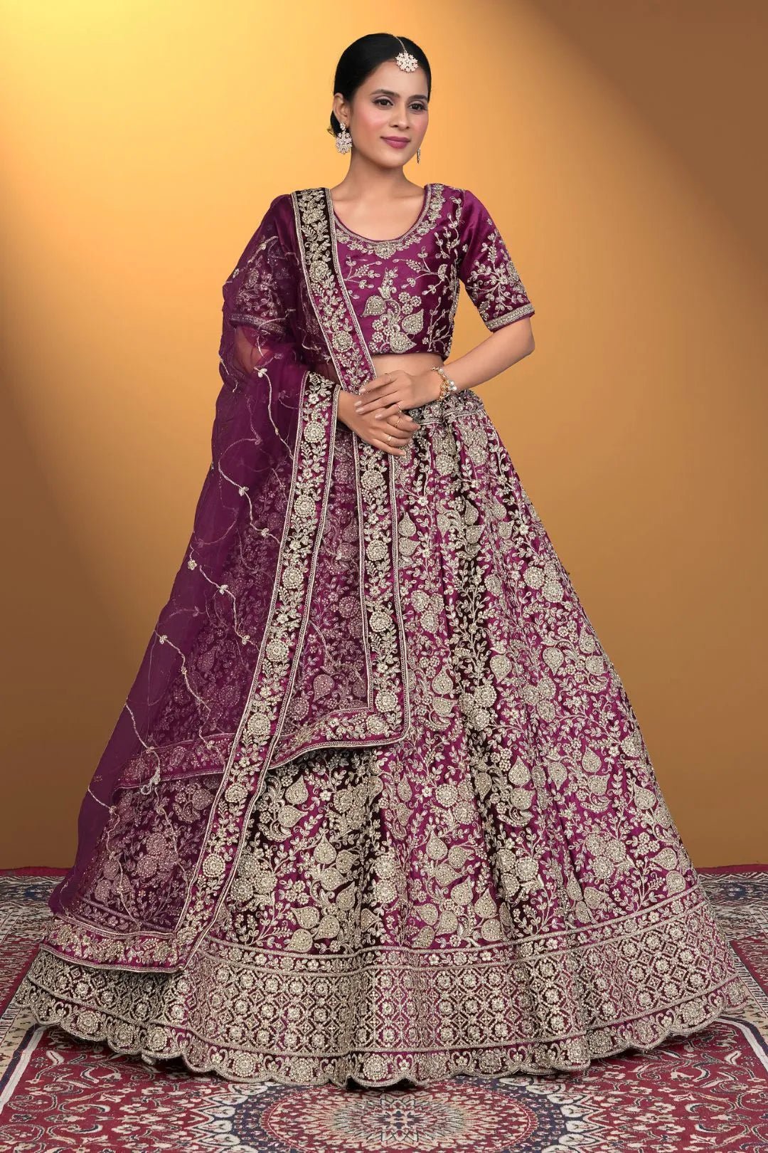 Wine Velvet Lehenga Choli With Net Dupatta For Women - Gajiwala