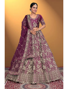 Wine Velvet Lehenga Choli With Net Dupatta For Women - Gajiwala