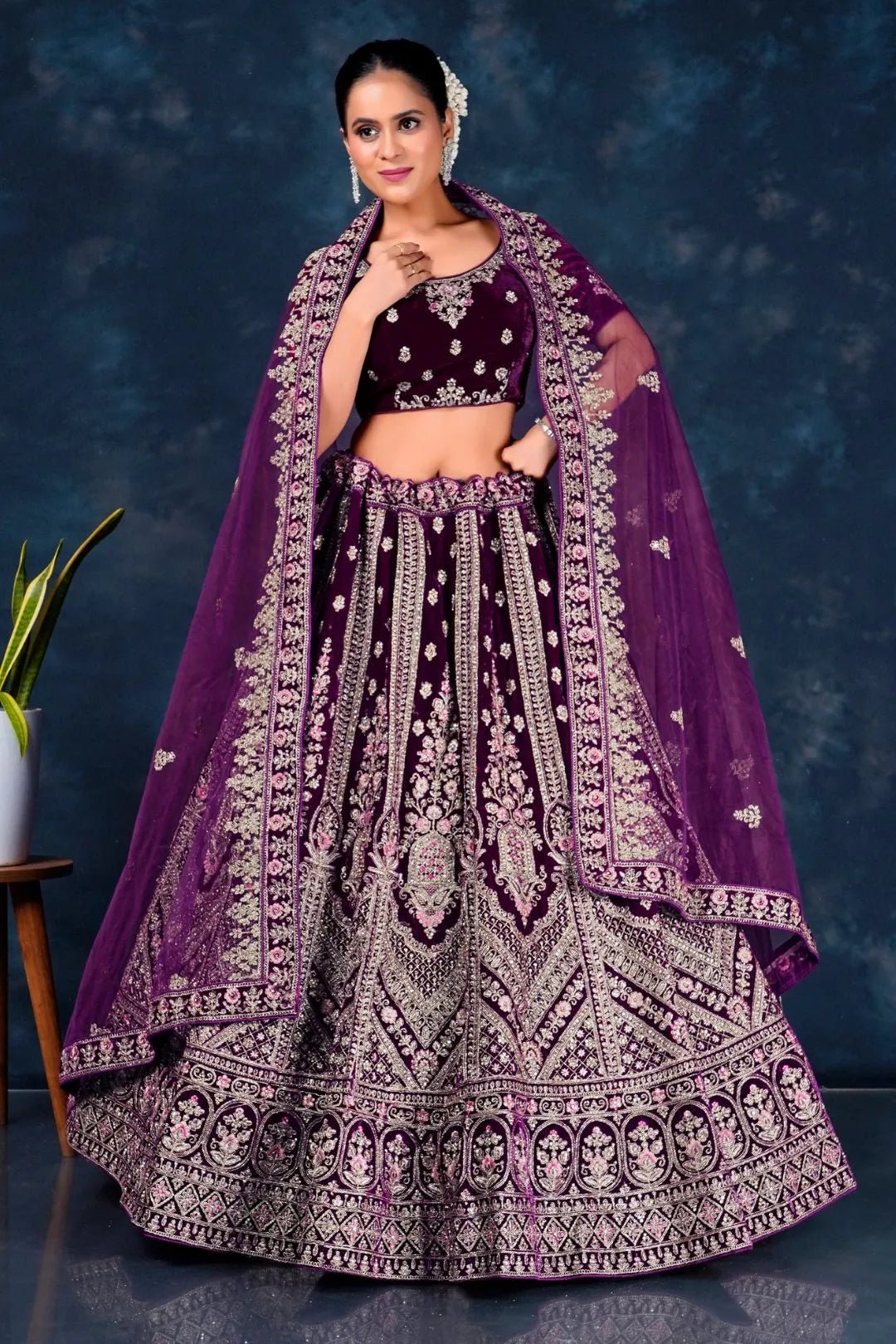 Wine Wedding Lehenga for Bride in Velvet - Gajiwala