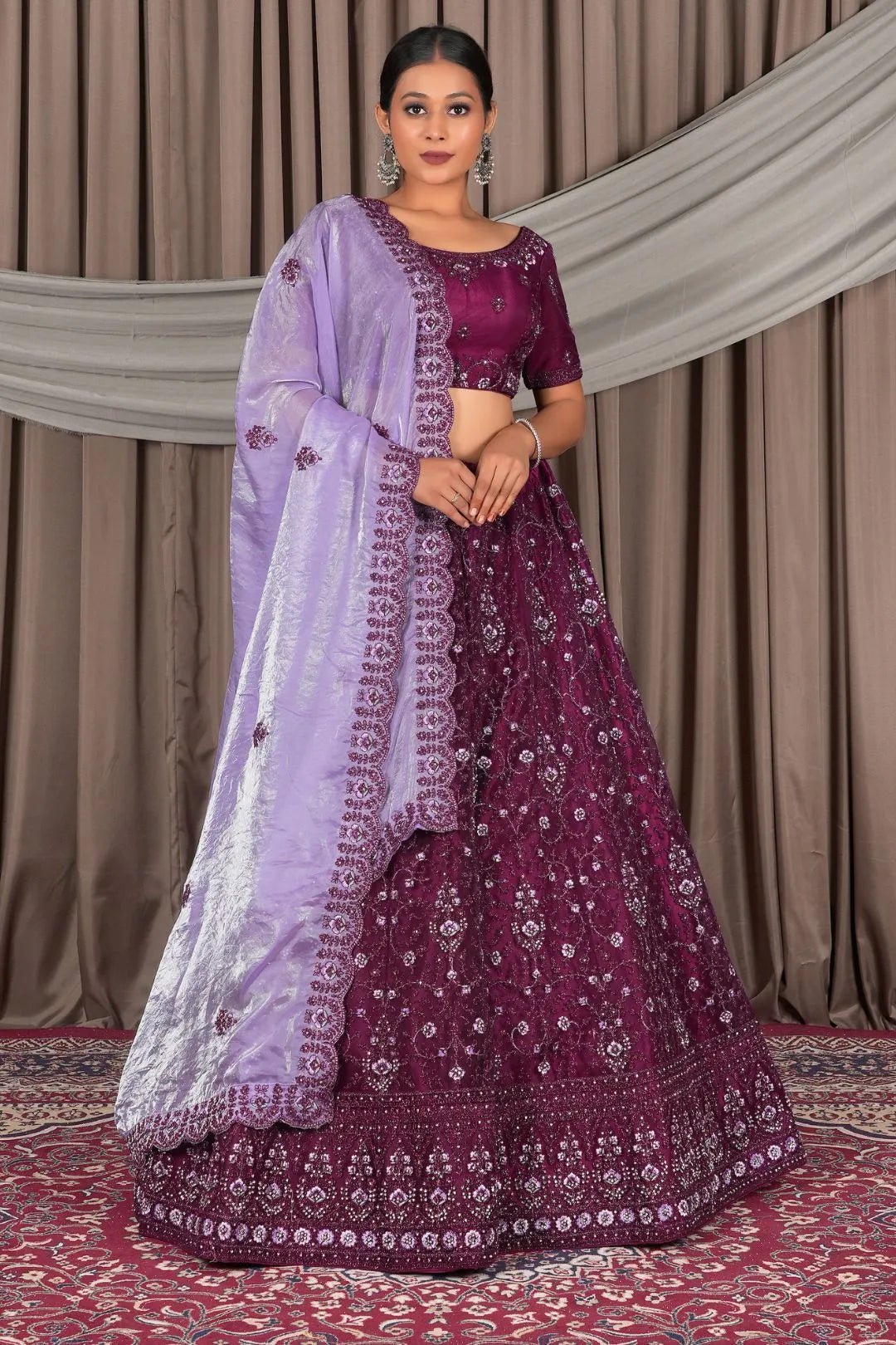 Wine Wedding Wear Embroidered Net Lehenga Choli For Women - Gajiwala