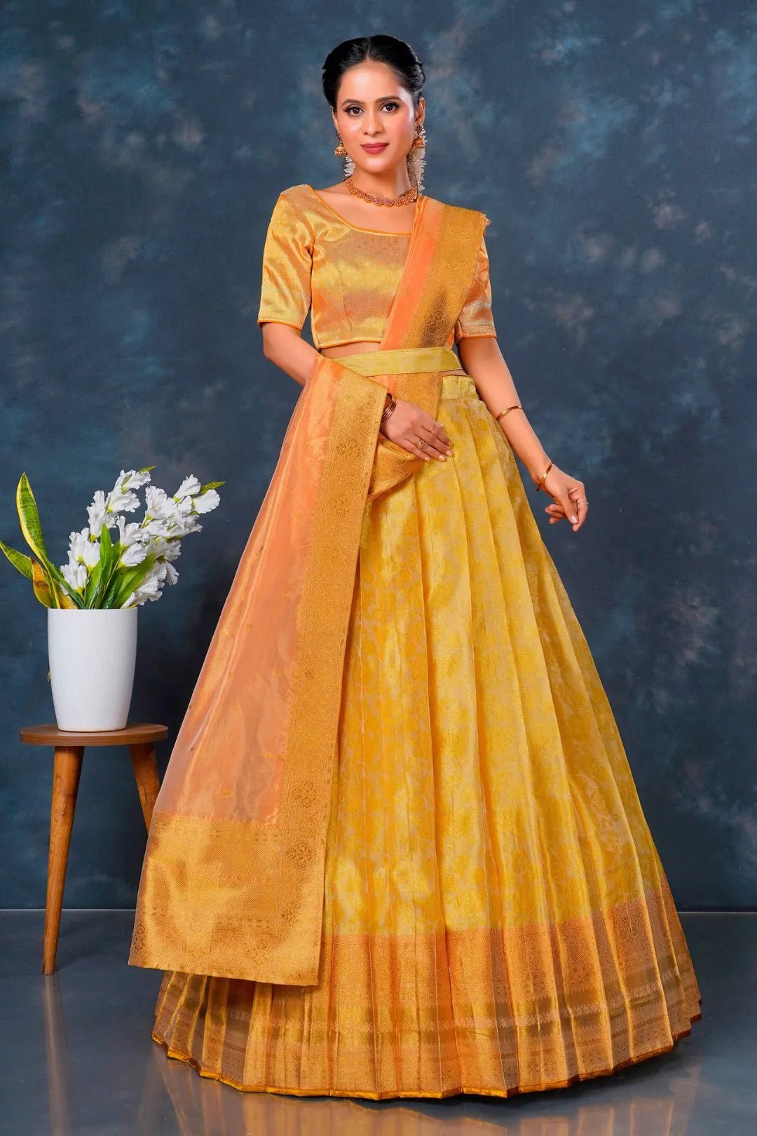 Yellow Designer Lehenga Choli in Tissue Silk - Gajiwala