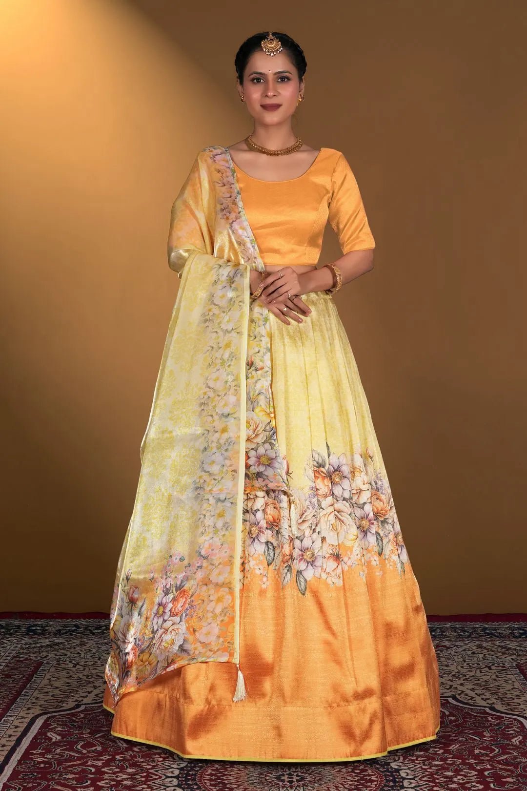 Yellow Digital Printed Satin Lehenga With Chinnon Dupatta - Gajiwala