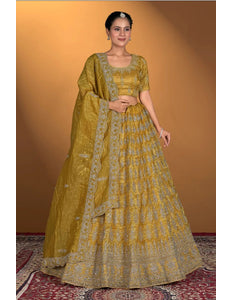Yellow Gold Crush Embroidery Lehenga Choli For Women - Gajiwala