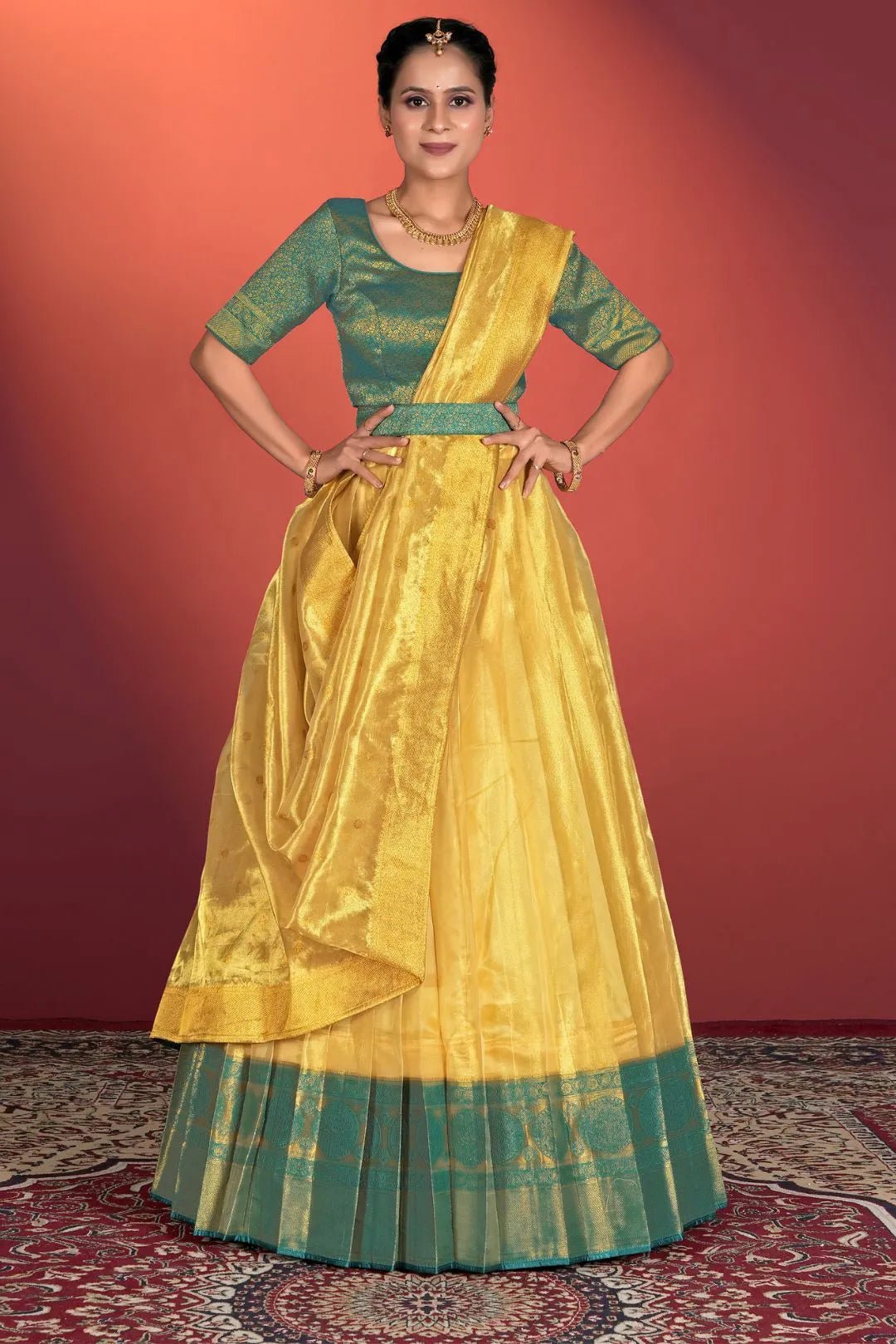 Yellow Tissue Silk Pattu Half Saree With Zari Woven - Gajiwala