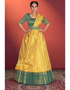 Yellow Tissue Silk Pattu Half Saree With Zari Woven - Gajiwala