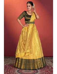 Yellow Tissue Silk Pattu Half Saree With Zari Woven - Gajiwala