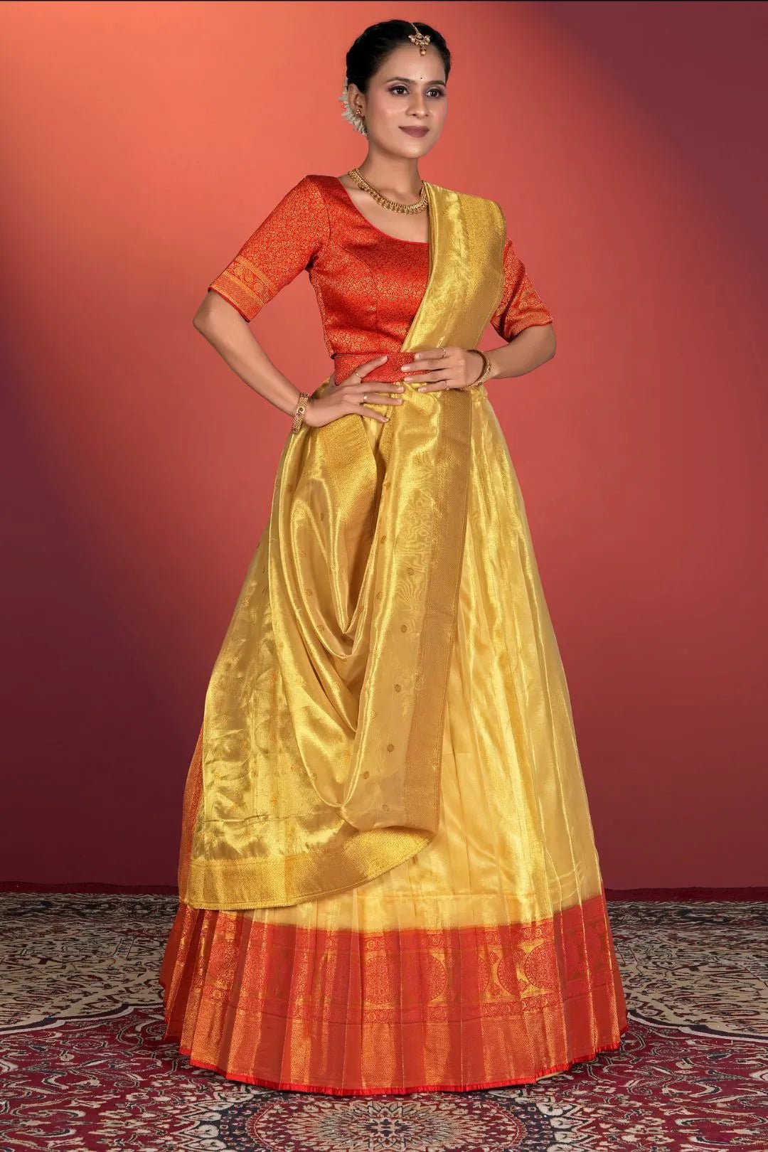 Yellow Tissue Silk Pattu Half Saree With Zari Woven - Gajiwala