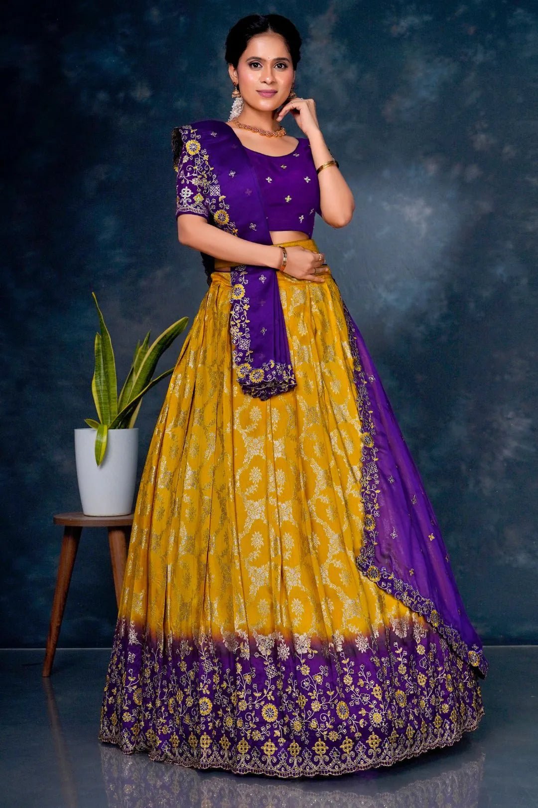 Yellow Viscos Muslin Lehenga With Purple Dupatta - Gajiwala