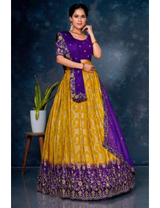 Yellow Viscos Muslin Lehenga With Purple Dupatta - Gajiwala