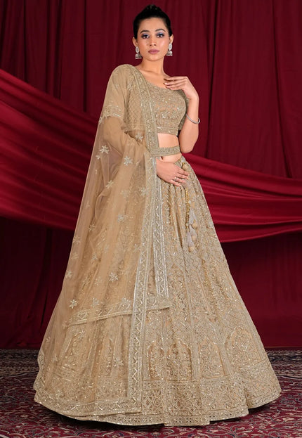 Beige Embroidered Net Designer Lehenga Choli For Events