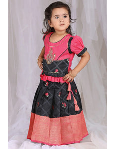 Black Crop Top Banarasi Pattu Pavadai For Kids Girls