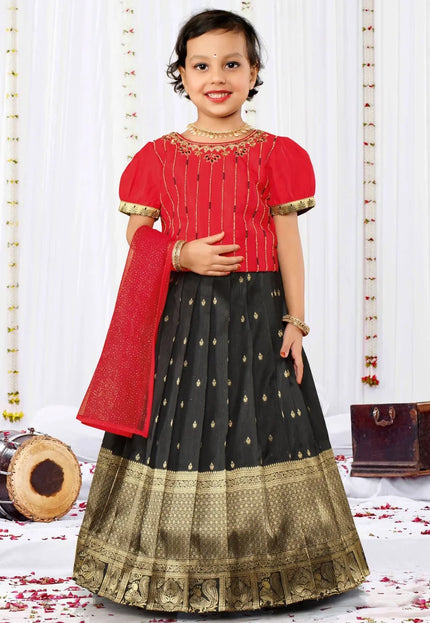 Black Festive Lehenga Choli Set with Red Embroidered Blouse