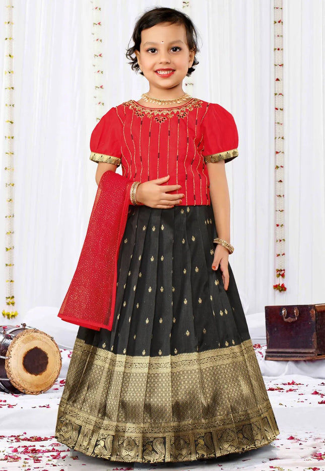 Black Festive Lehenga Choli Set with Red Embroidered Blouse