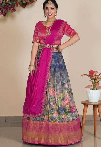 Blue Banarasi Jacquard Digital Lehenga Choli For Women