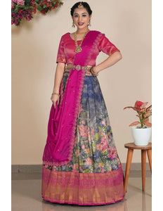 Blue Banarasi Jacquard Digital Lehenga Choli For Women