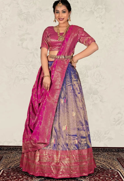 Blue Banarasi Jacquard Silk Zari Work Lehenga Choli For Women