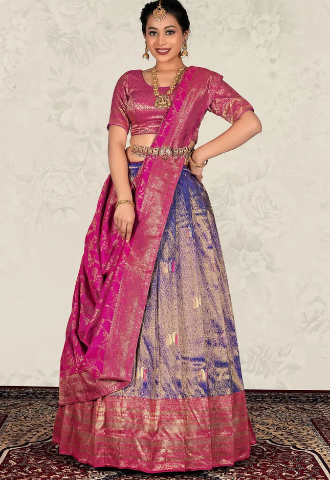 Blue Banarasi Jacquard Silk Zari Work Lehenga Choli For Women