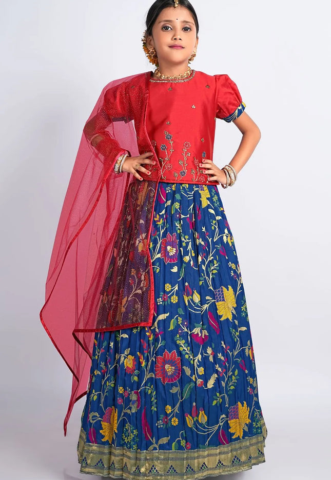 Blue Banarasi Kids Lehenga Style With Red Net Dupatta