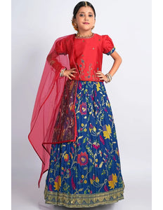 Blue Banarasi Kids Lehenga Style With Red Net Dupatta