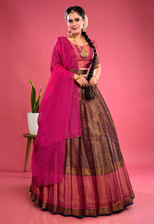 Navy Blue Banarasi Silk Half Saree With Zari Weaving