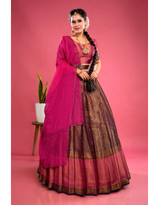 Navy Blue Banarasi Silk Half Saree With Zari Weaving