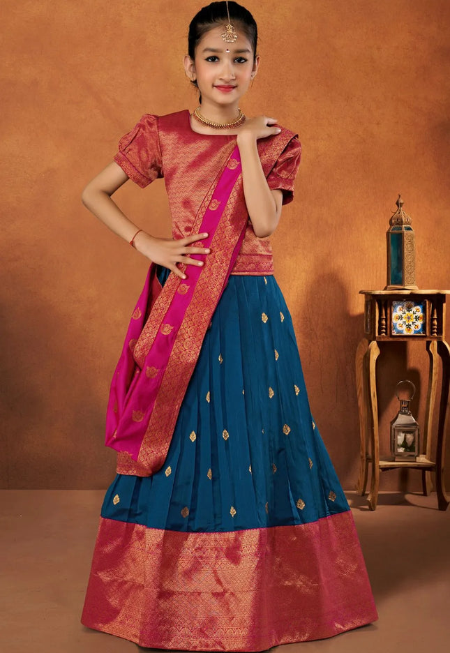 Blue Banarasi Silk Kids Lehenga Choli with Banarasi Dupatta