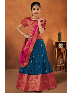 Blue Banarasi Silk Kids Lehenga Choli with Banarasi Dupatta